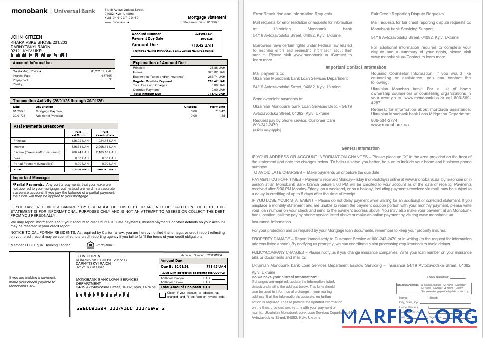 Downloadable Ukrainian Monobank bank mortgage statement in Word and PDF formats template